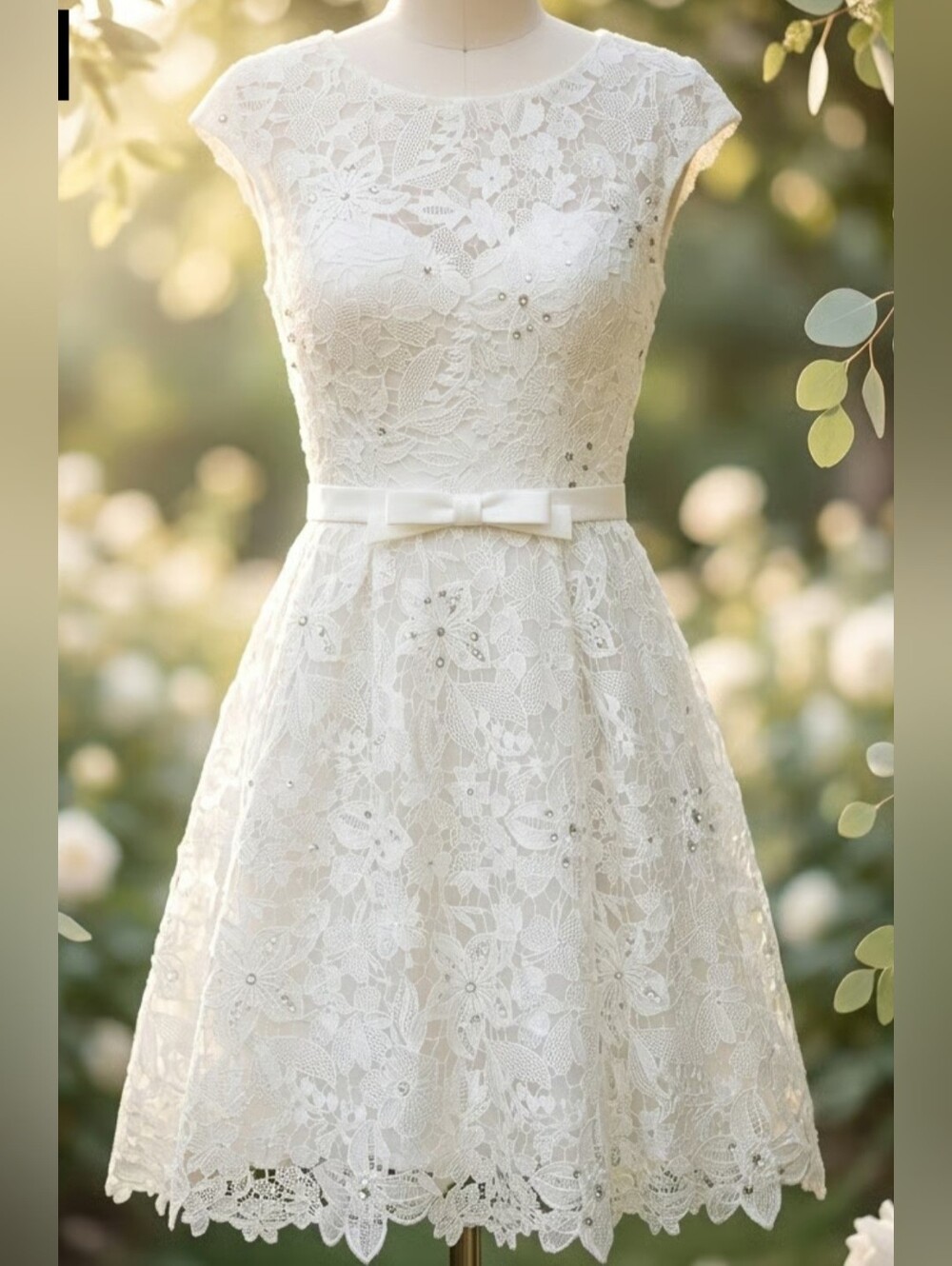 Elegant White Lace Fit & Flare Dress with Bow Waist